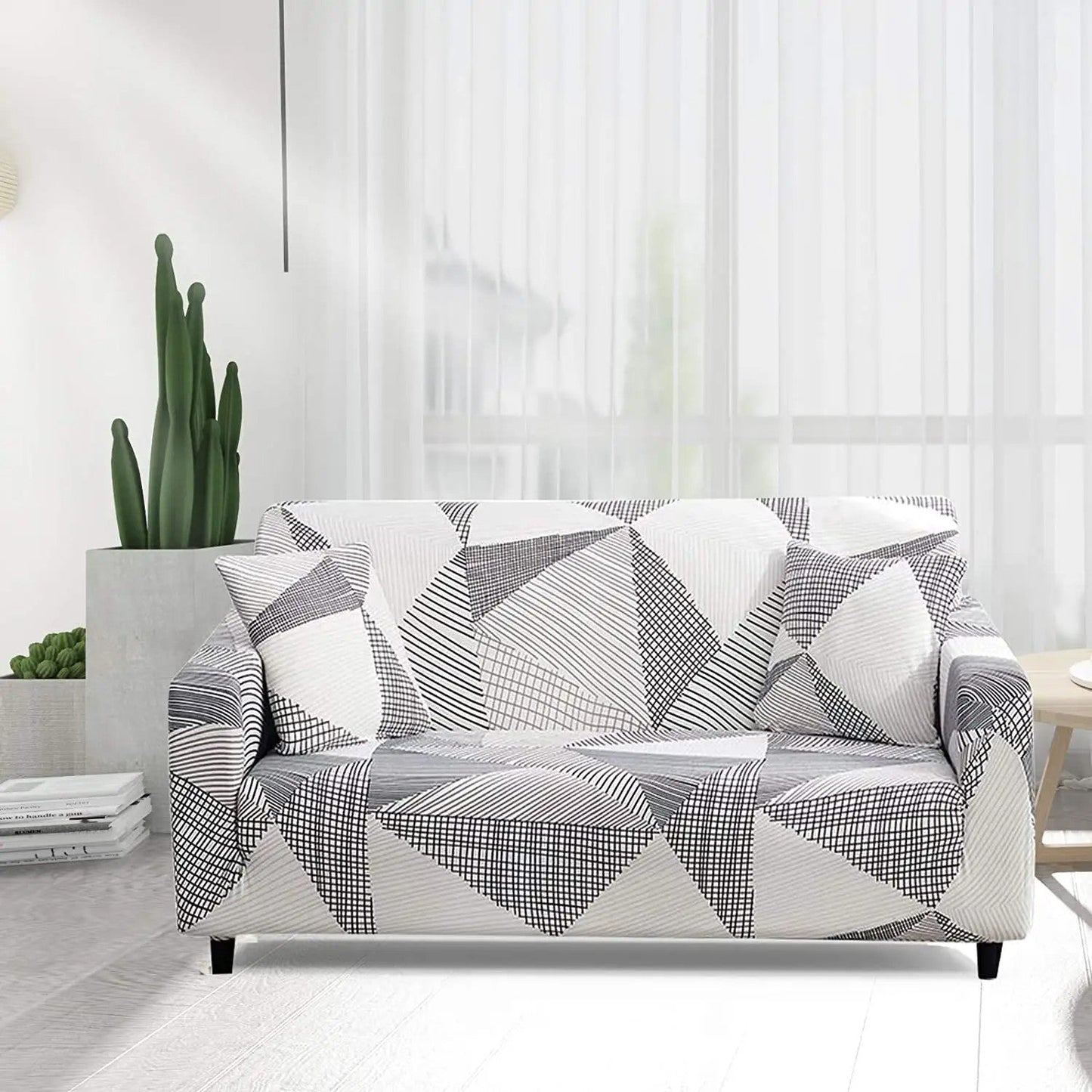 Housse de Canapé à Motif Géométrique Gris Blanc