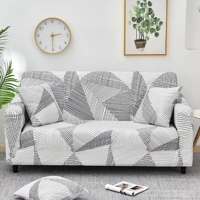 Housse de Canapé à Motif Géométrique Gris Blanc
